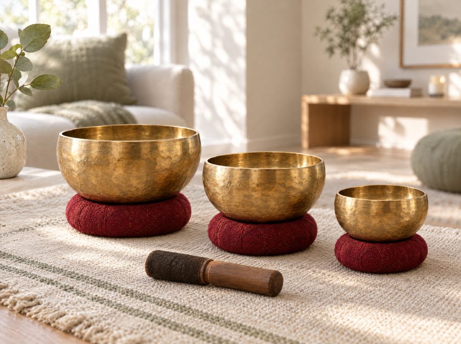 Three Tibetan singing bowls of different sizes on red cushions, with a wooden striker, in a sunlit living room
